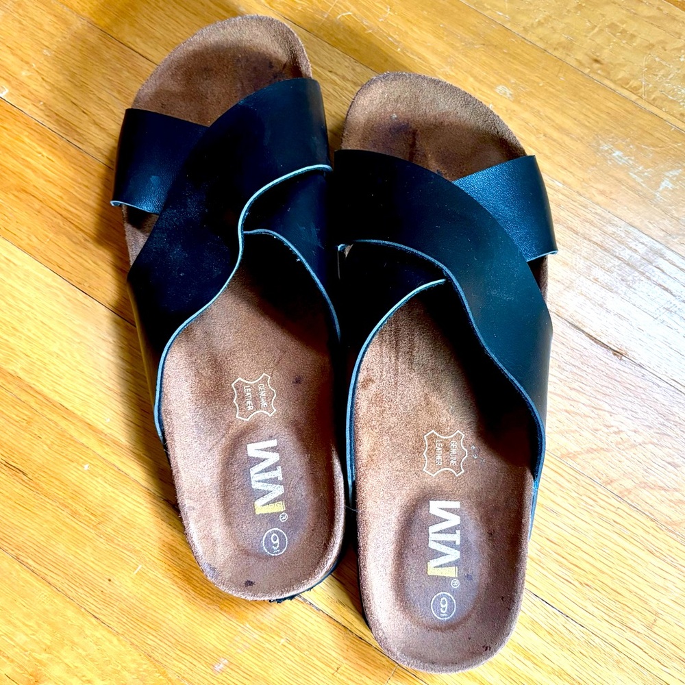 Amazon Genuine Leather Black Slip On Sandals